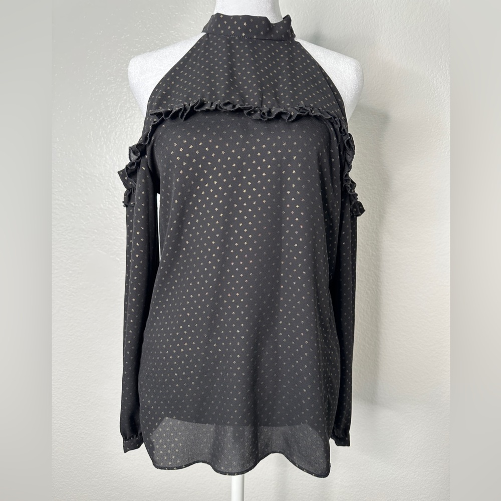 Supply & Demand Cold Shoulder Black & Gold Tie Neck Star Print Top
